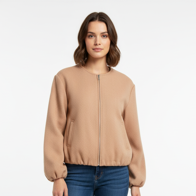 Bomber Textured Jacket-Beige